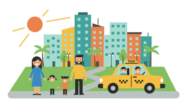 Happy family with two young children stands next to a yellow taxi cab in front of a colorful modern city skyline under a hot sun.