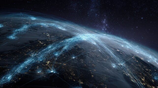 Glowing digital network lines spanning across Earth continents captured in detailed cinematic style on white background