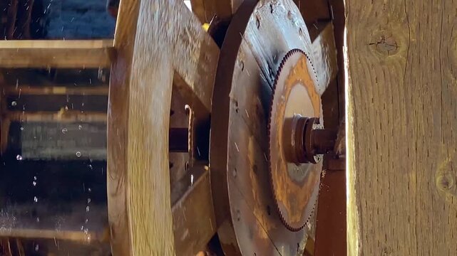 Close up of rotating wooden water wheel mechanism in old mill working with flowing stream water.