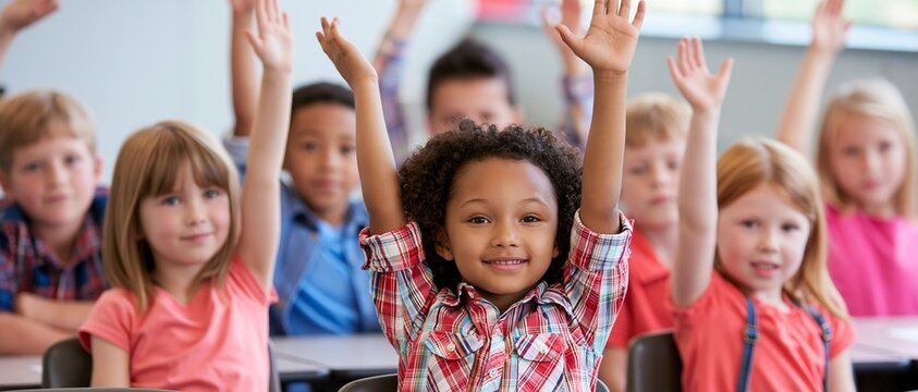 A diverse group of young students eagerly raising their hands in a classroom, ready to answer questions. The focus is on a smiling girl in the foreground