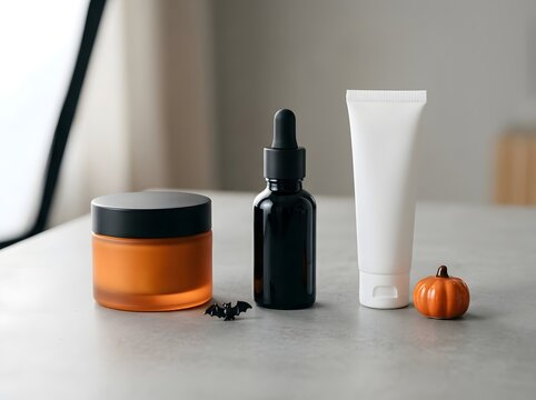 Cosmetic jars and bottles with a small pumpkin and bat for a spooky halloween theme
