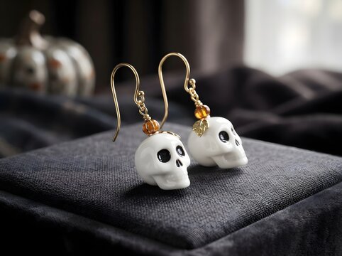 Pair of white skull earrings with colorful beads sitting on a dark stone surface
