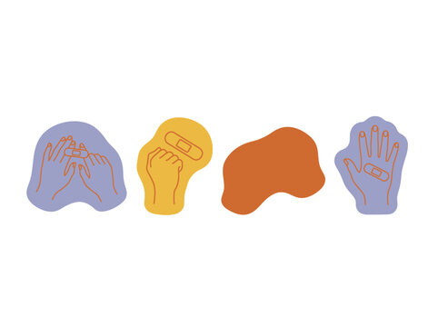Vector illustration in hand drawn doodle style, featuring colorful abstract hands with medical bandages for injury and first aid concept
