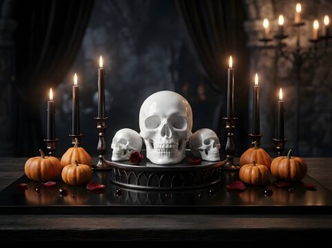 Human skulls with orange pumpkins and burning candles in a dark spooky room for halloween