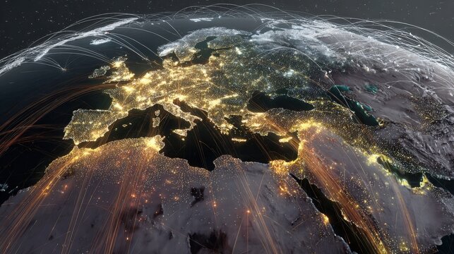 Glowing digital global network connection lines spanning across planet earth view isolated on white background