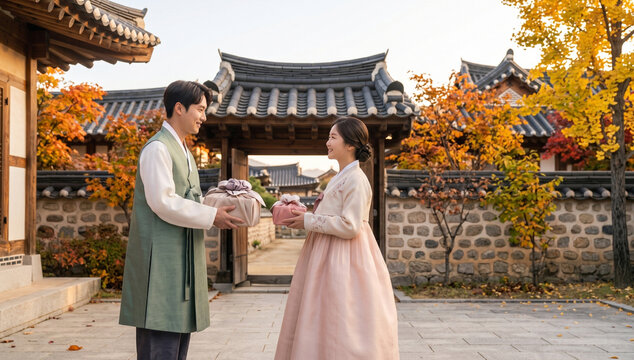 명절에 서로 마주보고 있는 연인
