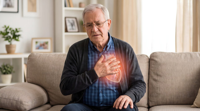 Senior man with chest pain holding his heart