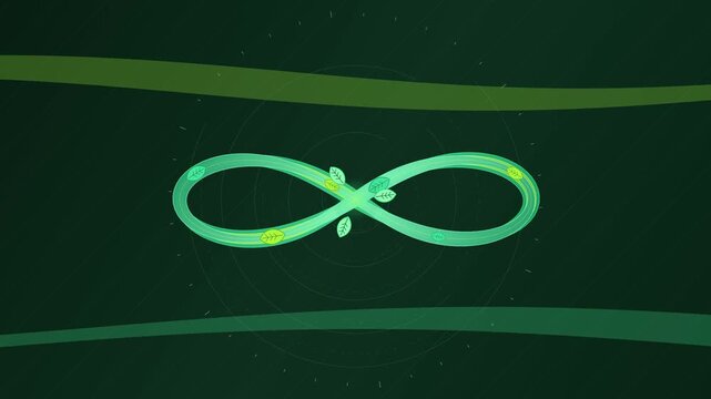Glowing green infinity sign loop with floating leaves on dark background
