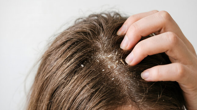 Person scratching scalp with dandruff and dry skin
