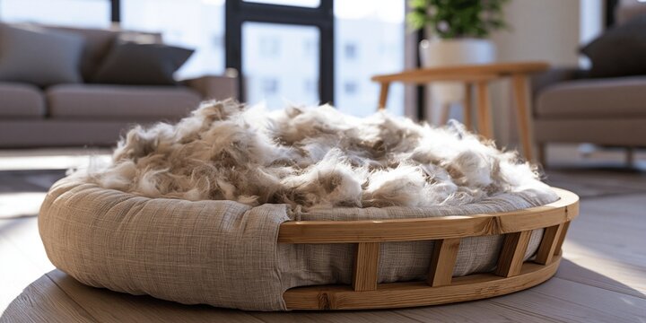 A dog bed is destroyed, filled with shredded stuffing and fabric. Sunbeams shine on the mess, highlighting the damage