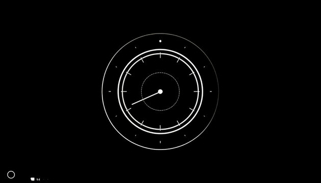 Minimalist White Clock Face on Black Background Abstract Digital Graphic Design with Subtle Radial Lines and Pointer