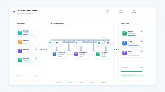 animation of an AI task conveyor interface showing a modern software dashboard with automated task processing pipelines, queues, processing lines, and completed tasks in real time.