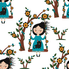 Naklejka premium Seamless children's pattern featuring girls on swings, black cats, flowering trees, leaves and berries on a clean white background