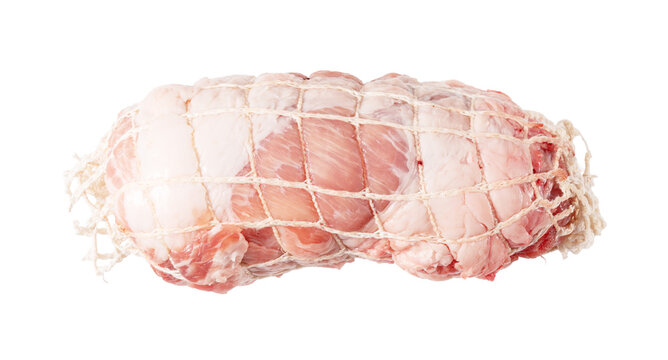 Raw Pork Shoulder Roast Tied in Meat Netting Isolated on White Background