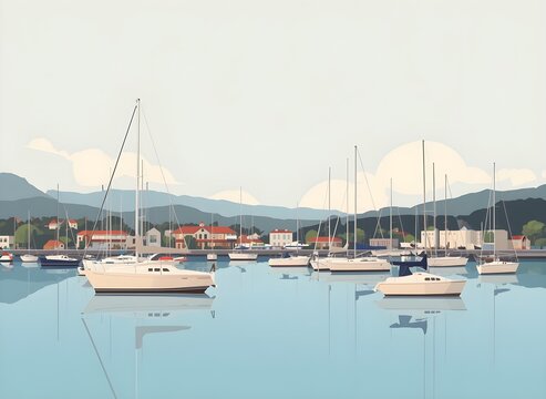 Peaceful Coastal Marina with Sailboats and Distant Hills