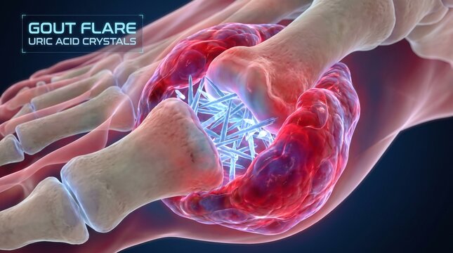 3D Translucent Render of Acute Gout Flare in Big Toe MTP Joint with Needle-Like Uric Acid Crystals