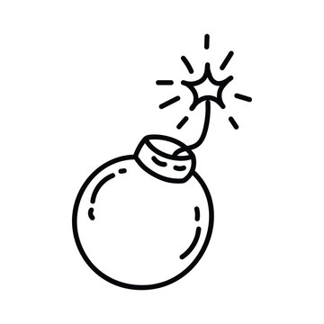 Hand drawn cartoon bomb icon with lit fuse, doodle style explosive vector illustration.