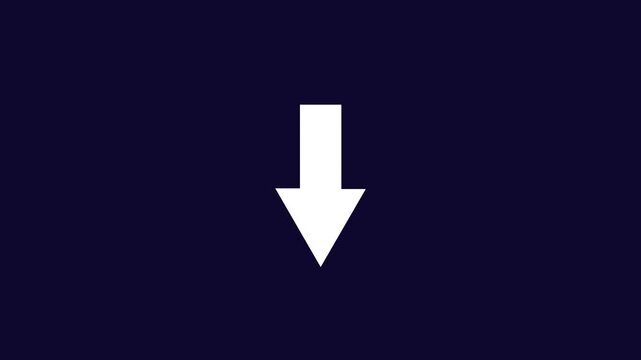 Minimalist white downward pointing arrow pulsing on a deep navy blue background, digital interface navigation, user experience call to action and modern web