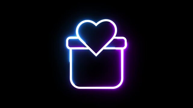 Neon glowing gift box icon with heart symbol flickering against dark black background loop.