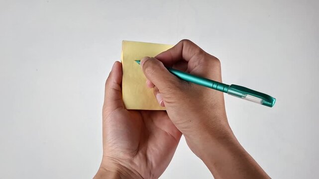 Man Writing I LOVE YOU on Yellow Sticky Note Against White Background