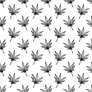 Seamless pattern with hand drawn cannabis leaf Medicine marijuana Hemp leaves For decorative print, wrapping paper, fabric, packaging, background