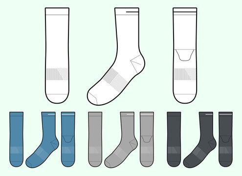 Crew socks technical flat sketch vector illustration athletic sport footwear CAD template