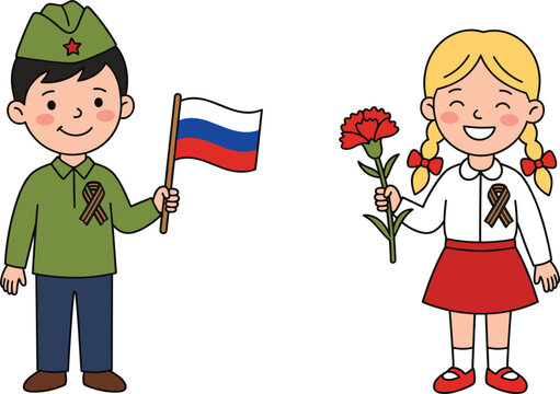 Children with Russian flag and red flower, celebrating Victory Day with festive ribbons.