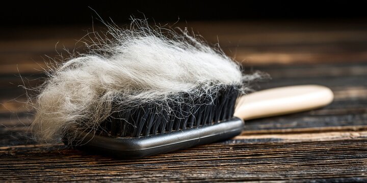 A grooming brush filled with long, light-colored pet hair, resting on a dark wooden surface