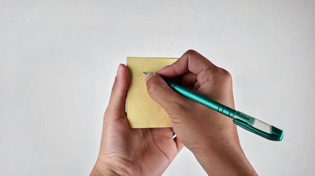 Man Writing NICE JOB on Yellow Sticky Note Against White Background
