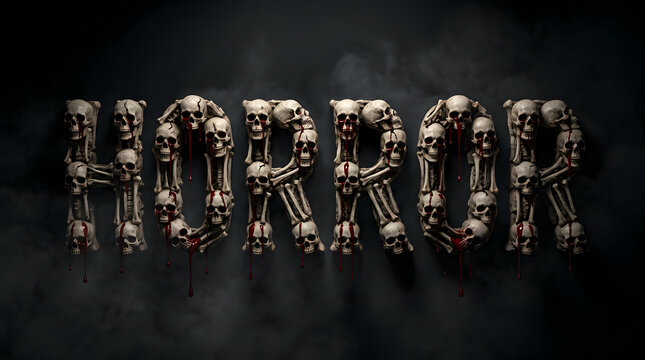 Terrifying horror skeleton skulls typography illustration with bleeding red text on a charcoal black background