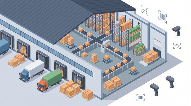 Smart logistics warehouse with storage racks, pallets, boxes, conveyor systems and digital tracking technology in a clean modern flat vector illustration.