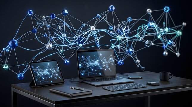 Abstract blue plexus network background wallpaper, 3D data structure web, futuristic computer digital science technology node and connection lines