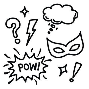 Comic book doodle set with speech bubbles, superhero mask, and action sound effects.