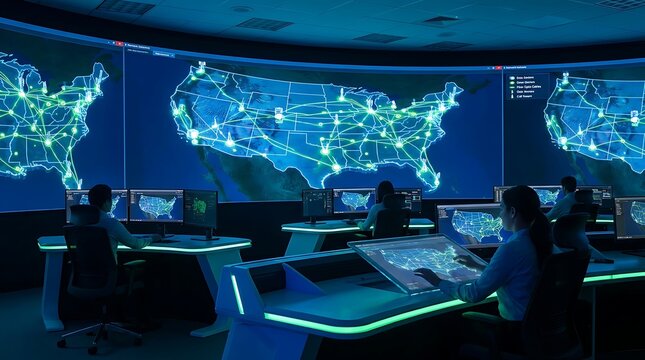 Telecommunications network operations center with large digital maps of the usa