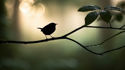 Naklejka premium Silhouette wren bird perched on wet branch at dawn
