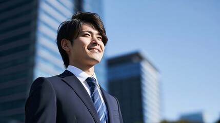 Fototapeta premium 都会の青空と高層ビルを背景に自信あふれる笑顔を浮かべる男性社員