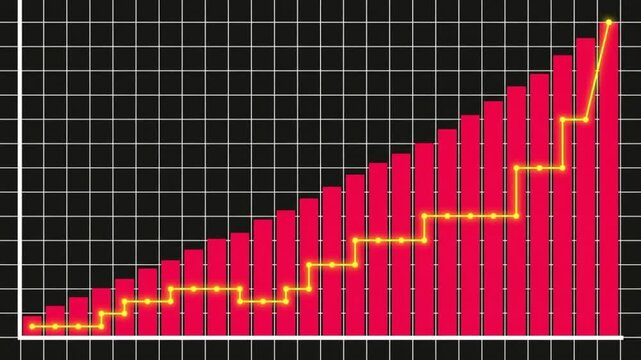 黒いグリッド背景に上昇する赤色の棒グラフと輝く黄色の折れ線グラフが成長を示すデータ可視化CG