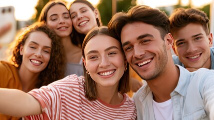 Obraz premium Happy young adults taking a selfie outdoors during daytime