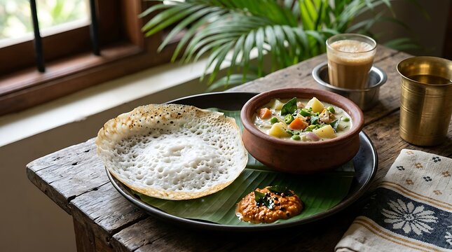South Indian appam and vegetable stew, served with chutney and chai, rests on a rustic wooden table.