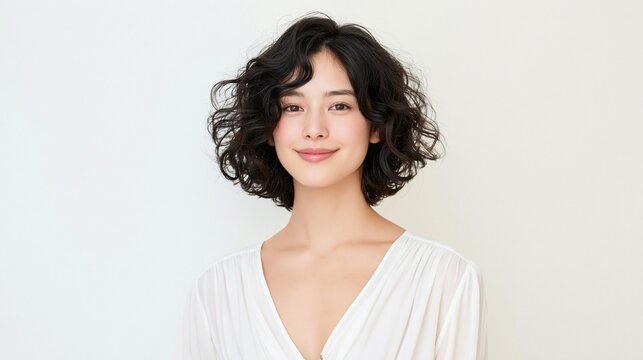 白いVネックの服を着て爽やかな笑顔を見せるウェーブヘアの女性