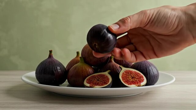 A hand selects a fresh, ripe fig from a plate of whole and halved figs.