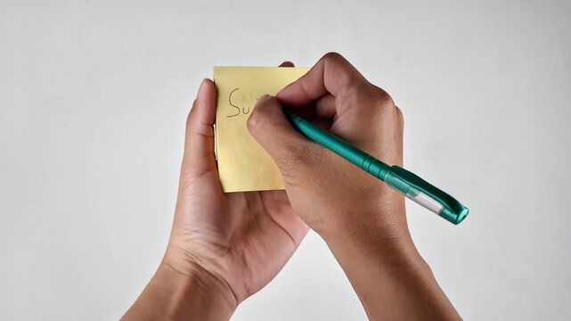 Man Writing SUBSCRIBE on Yellow Sticky Note Against White Background