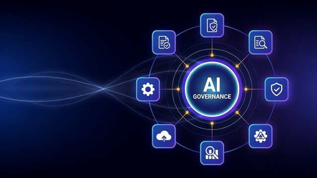 AI governance concept with interconnected icons surrounding central text, illustrating framework for responsible and ethical artificial intelligence development.