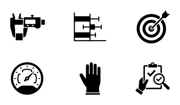 Industrial Measurement Icons: Caliper, Gauge, Target, Glove, Checklist, Quality Control Vector Set