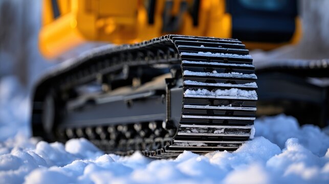 Heavy machinery caterpillar track in snow ground detail