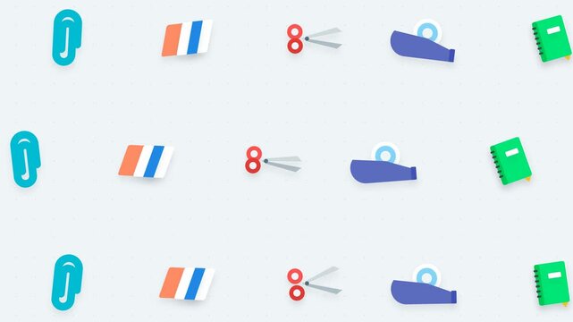 2D animation loop featuring cute school and office supplies like pencils, notebooks, scissors, and paperclips arranged in a repeating pattern over a light dot grid background.