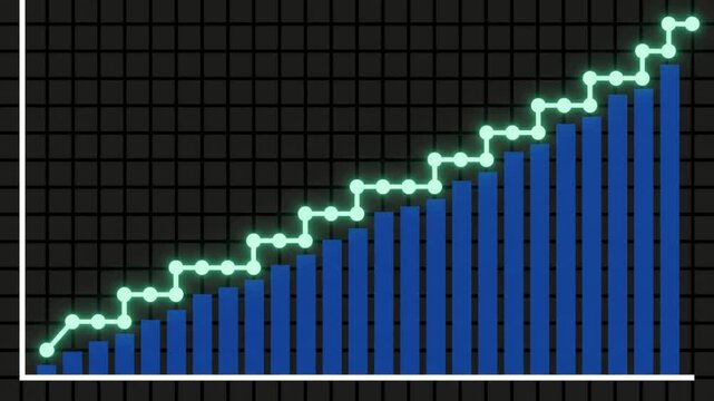 黒いグリッド背景に上昇する青色の棒グラフと輝くミントグリーンの折れ線グラフが成長を示すデータ可視化CG