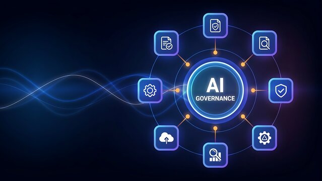 AI governance concept with interconnected icons surrounding central text, illustrating framework for responsible and ethical artificial intelligence development.