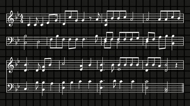 黒いグリッド背景に白い五線譜と音符が浮かび上がる抽象的な楽譜のCG表現