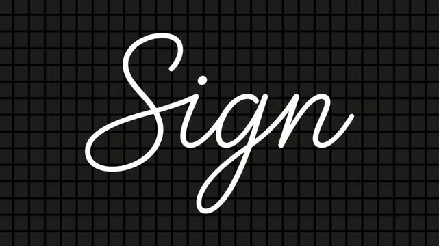 黒いグリッド背景に白い筆記体でSignの文字が連続して描かれるタイポグラフィCG動画